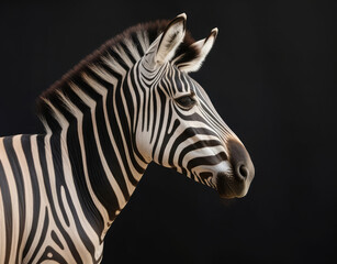 Fototapeta na wymiar Zebra close up portrait on a dark background. Generative AI