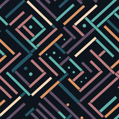 A Striped Puzzle: An Abstract Linear Pattern of Pastels and Geometric Shapes on a Black Background