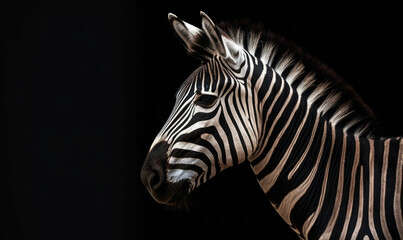 Fototapeta na wymiar Profile of a zebra on a black background. Generative AI
