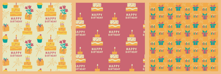 Set of three seamless pattern with hand drawn cutout elements related to birthday party and text Happy birthday in pastel papercraft flat style. Suitable for textile, wallpaper, wrapping, background