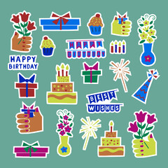 Papercut style set of stickers for birthday. Cupcakes with cream, hands with gift box and bunch of flowers, birthday cake with candles, sparkles, text Happy birthday. Unique vector design