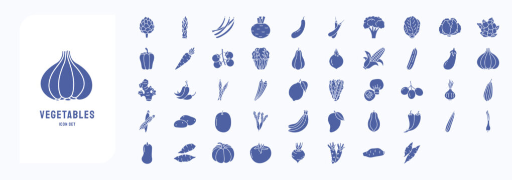 A collection sheet of solid icons for Vegetables, including icons like Artichoke, Asparagus, Beans, Beetroot and more