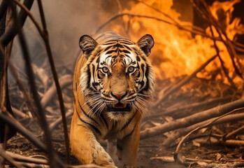 A potrait of poor tiger looks sad and mad trying to attack at burning forest generative ai