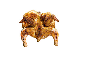 Roasted chicken with rosemary served on black plate.  Isolated, transparent background