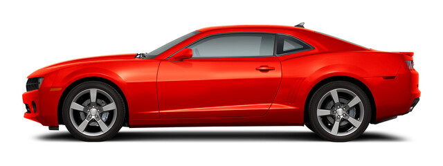 Modern powerful american muscle car in red color. Side view on a transparent background, in PNG format.