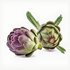 Bouquet of artichoke flower plant with leaves isolated on white background. 3D rendering. Flat lay, top view. macro