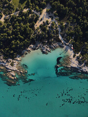  Drone photo topdown view of Kavourotrypes beach halkidiki with clear water.