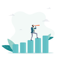 Obraz premium The guy looks through a spyglass to see the next goal, motivation to succeed, business forecasting and forecasting, the task to become better and achieve success, looking for the next goal. Flat illus