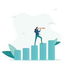 Fototapeta premium A girl looks through a spyglass to see the next goal, motivation to succeed, business forecasting and forecasting, the task to become better and achieve success, looking for the next goal. Flat illust