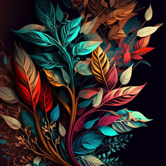 Original floral design with exotic flowers and tropic leaves. Colorful flowers on dark background.
