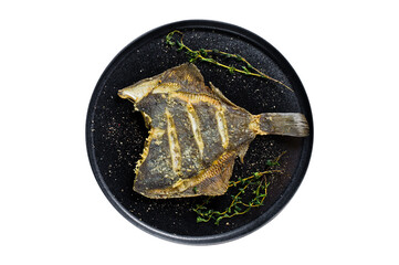 Grilled flounder, balanced healthy food.  Isolated, transparent background