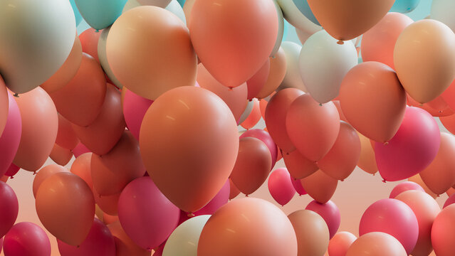 Contemporary Celebration Wallpaper, with Coral, Orange and Turquoise Balloons. 3D Render.
