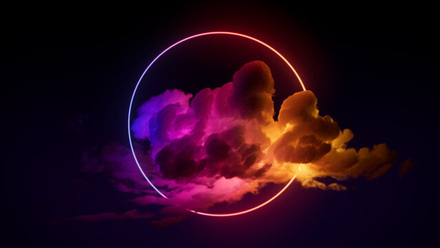 Cloud Formation Illuminated with Pink and Yellow Fluorescent Light. Dark Environment with Circle shaped Neon Frame.