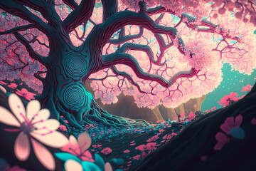 Cherry Blossom Forest Colorful Psychedelic Generative AI
