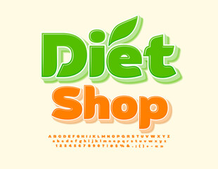 Vector creative signboard Diet Shop. Bright artistic Font. Modern Alphabet Letters and Numbers