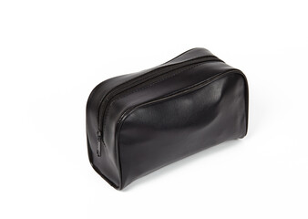 Black leather case isolated on white background. Zipped leather cosmetic bag