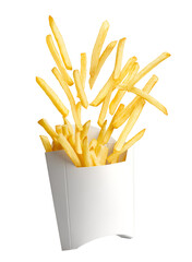 French fries bursting out from white paper box