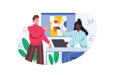 Creative workers color concept with people scene in the flat cartoon style. Designer came to give his painting to the customer. Vector illustration.