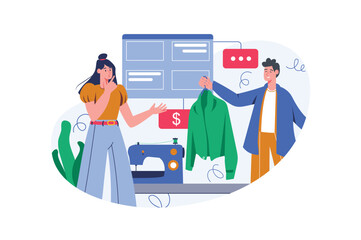 Creative workers color concept with people scene in the flat cartoon style. Team of creative sellers communicate with customers and sell them expensive clothes. Vector illustration.