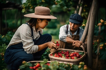 Naklejka na ściany i meble A couple of farmers working in the garden. Woman sorting strawberry in the basket. Generative AI
