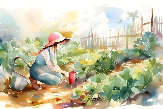 Watercolor illustration of a young girl watering plants in the garden. Generative AI