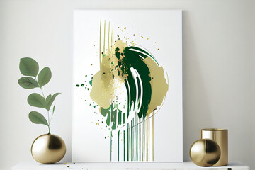 Modern poster with minimalist design elements. Green and golden shapes in Boho style. Wall art, home deco. Clear moden room with drawing placard template.