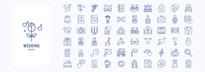 Fototapeta na wymiar A collection sheet of outline icons for Wedding and marriage, including icons like Bowtie, Bouquet, Church, Couple and more