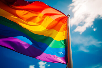 LGBTQ+ rainbow flag flying in the wind over a blue sky Generative AI