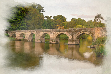 Fototapeta premium Digital watercolour painting of Essex Bridge on the River Trent, Great Haywood, Staffordshire, UK.