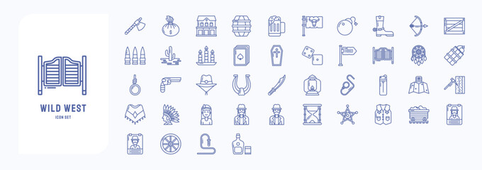 Obraz premium A collection sheet of outline icons for Wild west and cowboy, including icons like Gun, gallows, Horseshoe, Knife and more