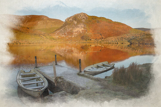 Reflections of Bryn Gwyn, and Clogwyngarreg. A digital watercolour painting from the Eryri National Park, Wales.