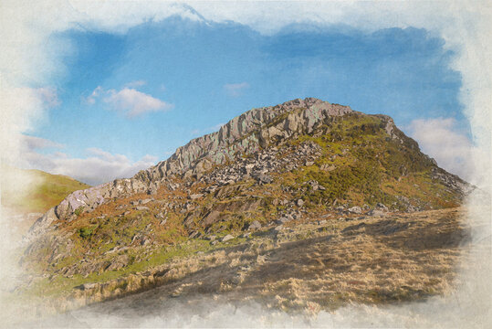 Digital watercolour painting of Clogwyngarreg in the Eryri National Park.