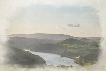 Digital watercolour painting of the Ashopton Viaduct, and Ladybower Reservoir in the Peak District National Park.