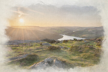 Digital watercolour painting of the Ashopton Viaduct, and Ladybower Reservoir in the Peak District National Park.