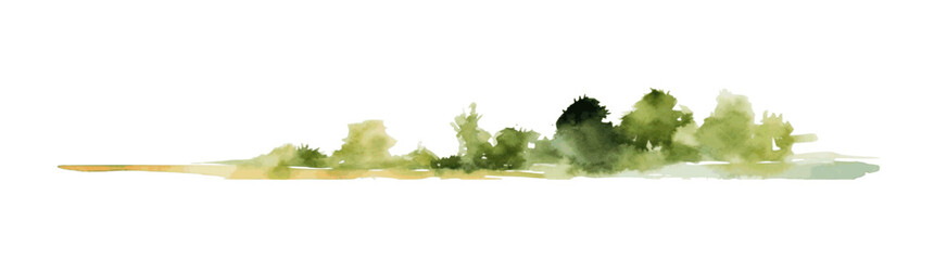 Watercolor beach with forest. Green trees and bushes isolated on white background. Gorizontal bar element, divider, separator, footer for your design. Vector illustration.