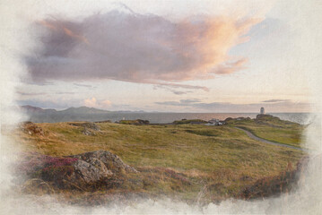 Digital watercolor painting of Llanddwyn island lighthouse, Twr Mawr at Ynys Llanddwyn.