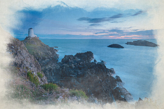 Digital watercolor painting of Llanddwyn island lighthouse, Twr Mawr at Ynys Llanddwyn.