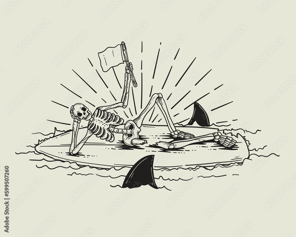 Poster Skeleton on a surfboard. Vector illustration in sketch style
