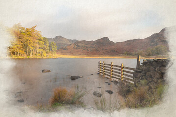 Digital watercolour painting of Blea Tarn in the English Lake District with views of the Langdale Pikes, and Side Pike.