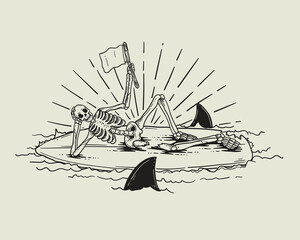 Skeleton on a surfboard. Vector illustration in sketch style
