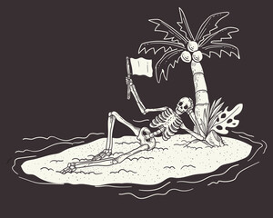 Skeleton on the beach. Hand drawn vector illustration in sketch style
