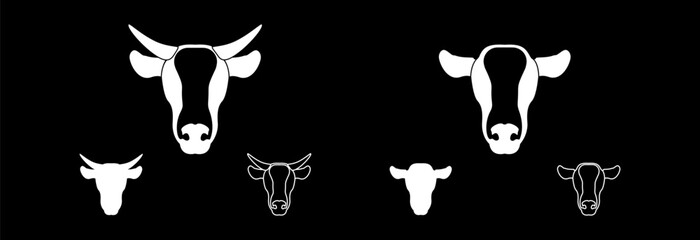 Cow head icon with horns and without horns on a black background.