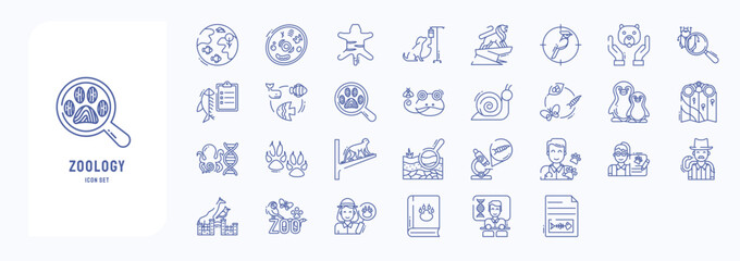 A collection sheet of outline icons for Zoology, including icons like Animal cell, Animal, Birds, Ichthyology and more
