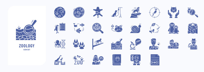 Fototapeta premium A collection sheet of solid icons for Zoology, including icons like Animal cell, Animal, Birds, Ichthyology