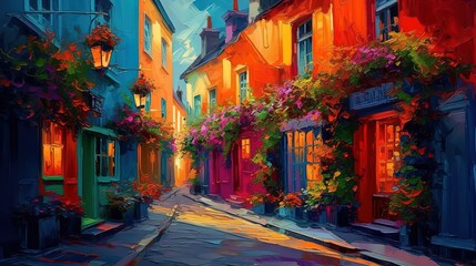 Fototapeta premium illustration of beautiful narrow city alley with colorful building has flower pot decorated, Generative Ai