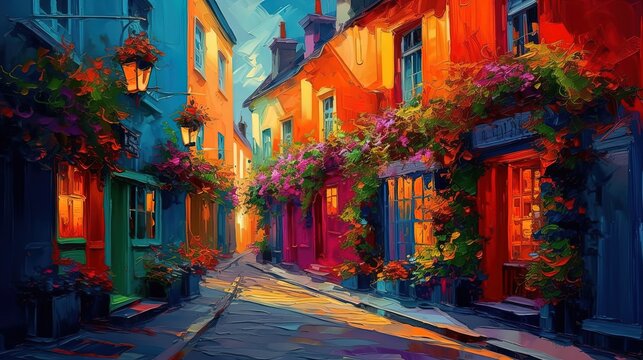illustration of beautiful narrow city alley with colorful building has flower pot decorated, Generative Ai