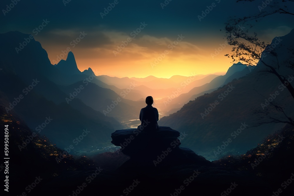 Poster a person lounging on a rock in the midst of a mountain range generative ai