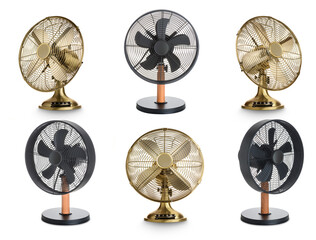 Golden and black retro electric fan collection. Isolated on white background