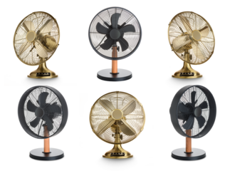 Golden and black retro electric fan collection. Isolated on white background