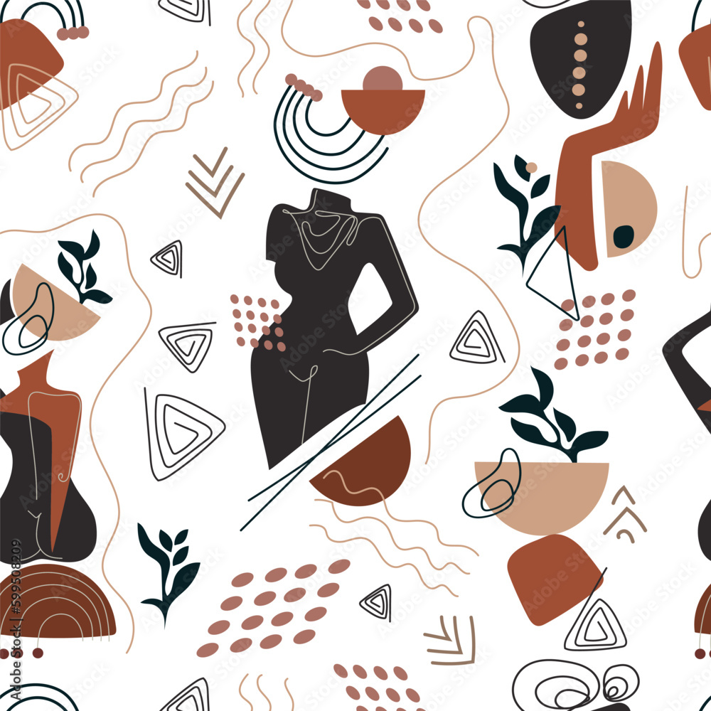 Poster abstract art seamless pattern with woman body,various shapes and doodle objects.abstract trendy vect
